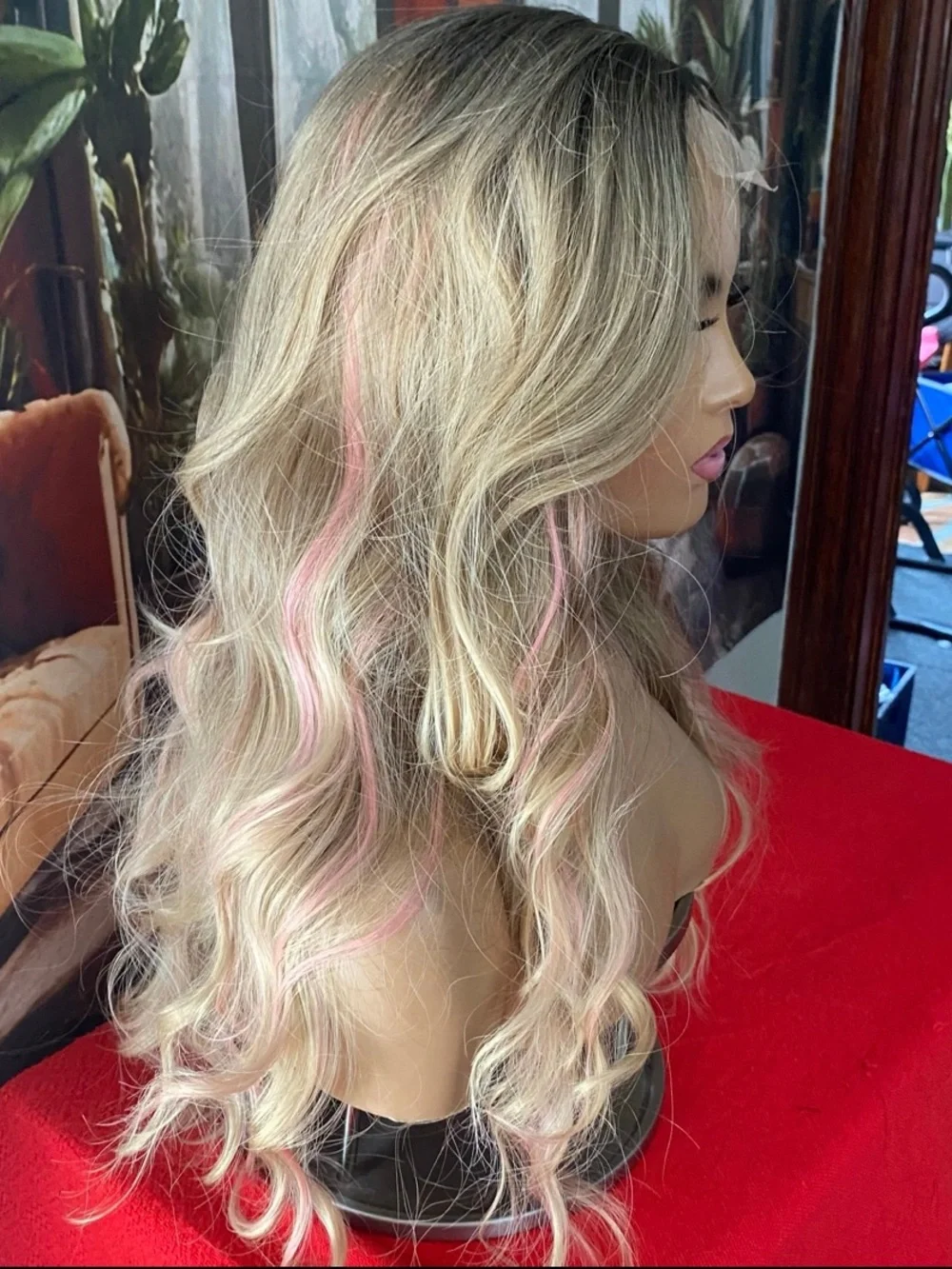 Lace center PINK stripe highlights blonde wig